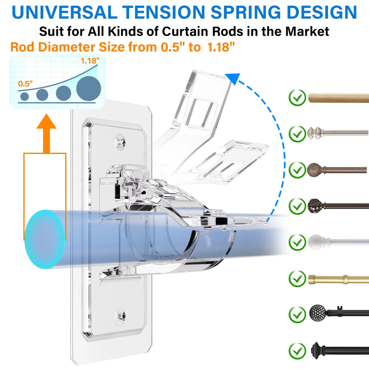 6-Pack No Drill Needed Curtain Rod Holders Brackets, Self Adhesive Rod Holder Hooks, Multipurpose Nail Free Stick on Curtain Rod Hooks Decor Bathroom