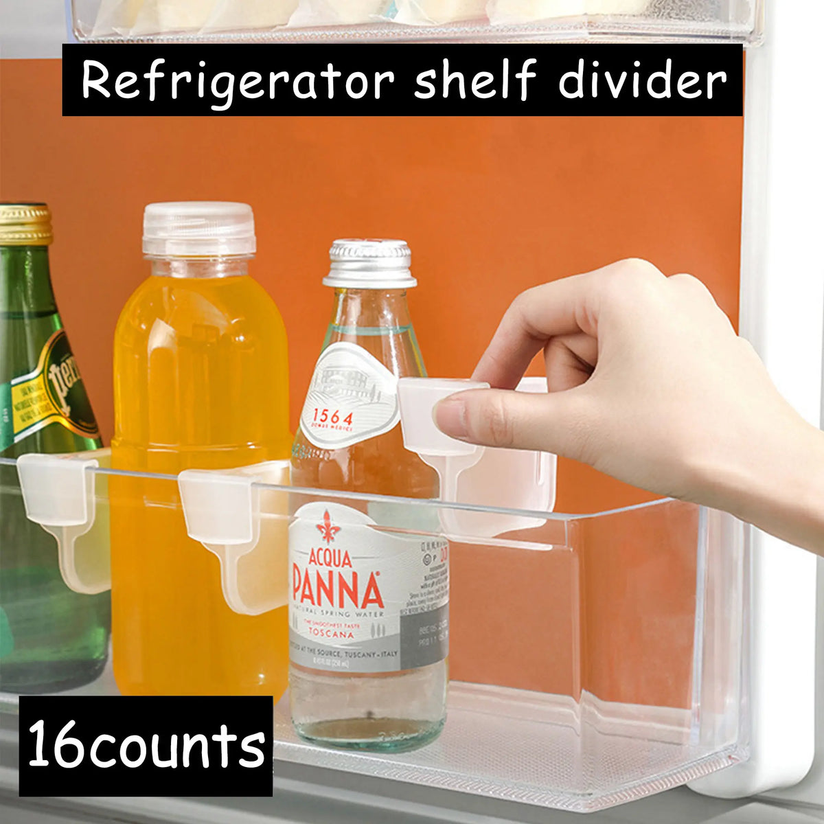 16-Count Durable Translucent Anti-Fall Adjustable Fridge Drawer Dividers, Clear Plastic Refrigerator Organizer Bins, Portable Storage Baskets for Bottles & Cans (16-Pcs Combination Set)